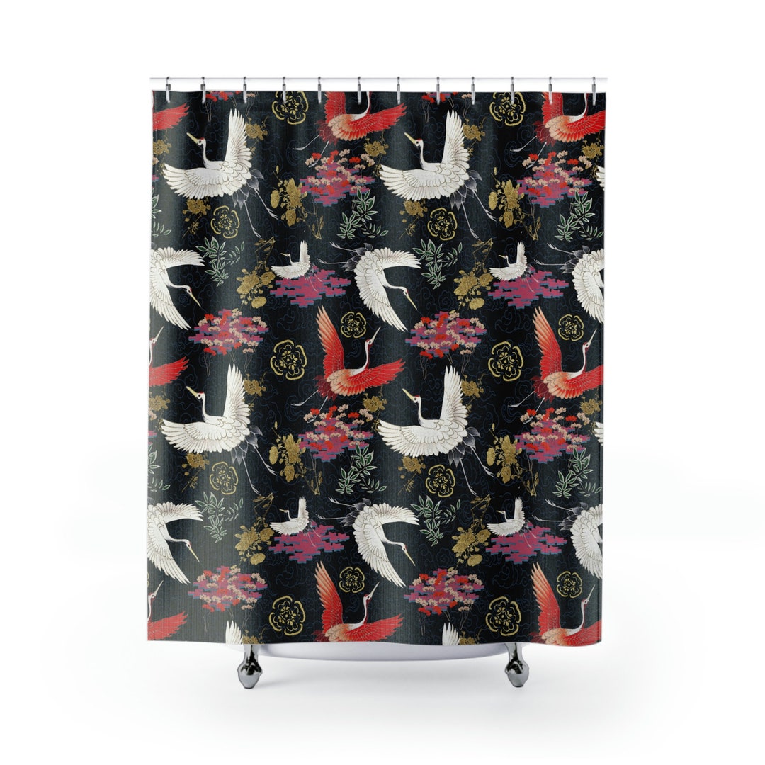 Black and White Shower Curtain Japanese Cranes Pattern Home Etsy