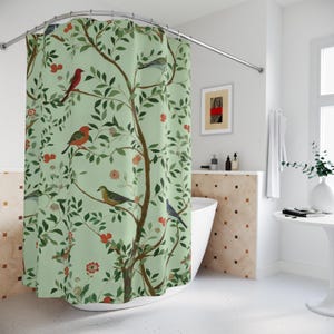 Chinoiserie Birds Shower Curtains, Asian Accent Bathroom Decor, Soft Green Floral Bath Curtain, Nature Inspired Home Gift