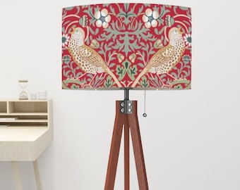 William Morris Red Strawberry Theif Wood Tripod Floor Lamp, Gift for Mom, Living Room Lighting, New Home Gift, Christmas Gift