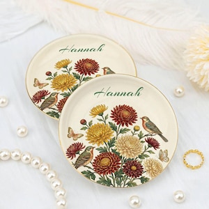 Personalized Birth Flower Ceramic Ring Dish: Birth Month Floral Keepsake Plate, Customise With Name