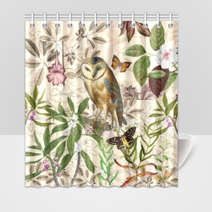 Shabby Chic Shower Curtain, Owl, Butterflies, Botanical Jasmine Flowers, Shabby Chic Shower Curtain