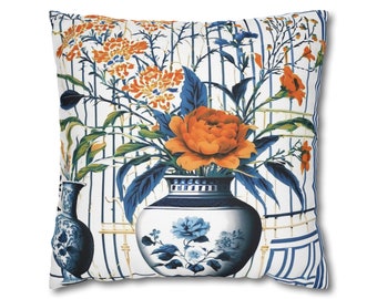 Chinoiserie Orange Floral Bouquet Decorative Cushion Cover, Blue & White Trellis, Chinese Vase, Mother's Day Gift, Birthday Gift,