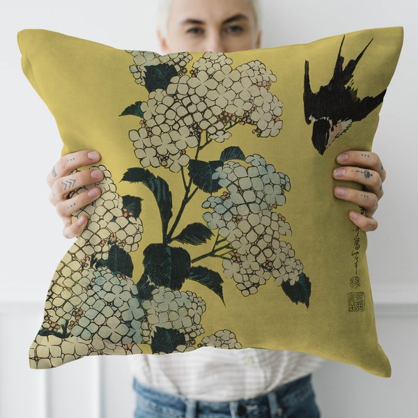 Vintage Plate Hydrangea and Black Swallow Japanese Wood Print Decorative Cushion Cover Throw Pillow Case