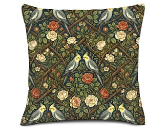 Cushion Cover: William Morris Style Floral Trellis Cockatiel Pillow Cover, English Country Cottagecore