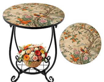 Chinoiserie Birds Persimmons Asian accent Bistro Outdoor Iron Table, Round Metal Plant Stand, Patio Pool Side Furniture