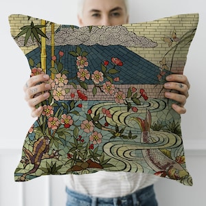 Japanese Sakura Mt Fuji Koi Fish Cherry Blossom Frog Stained Glass Style Cushion Cover Throw Pillow Case, Housewarming Gift, Christmas Gift