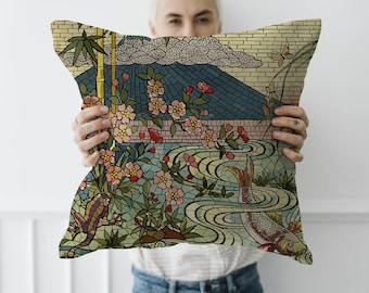 Japanese Sakura Mt Fuji Koi Fish Cherry Blossom Frog Stained Glass Style Cushion Cover Throw Pillow Case, Housewarming Gift, Christmas Gift