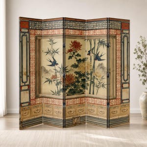 May include: A four-panel folding room divider featuring a painted scene of birds, bamboo, and chrysanthemums in red, yellow, and green tones. The frame has a decorative red and black geometric border with a light beige background and metal hinges.