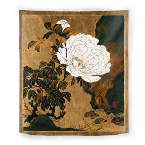 Japanese White Peony Wall Tapestry, Vintage Floral Wall Decor, Birthday Gift, Housewarming Gift