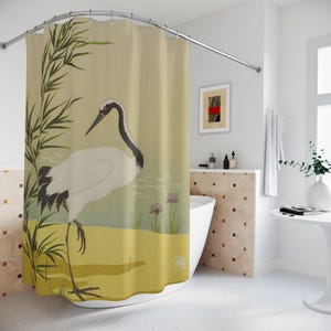 Japan White Crane Shower Curtain, Asian Accent Chic Unique Bathroom Decor, Bamboo Plant, Housewarming Gift Nature Lover Present