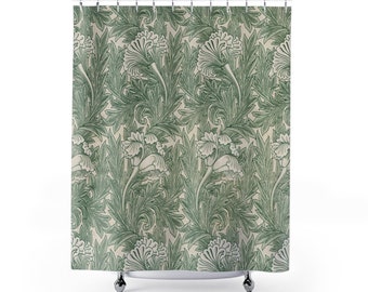 William Morris Shower Curtain Green Tulips Home Decor Vintage English Shower Curtain