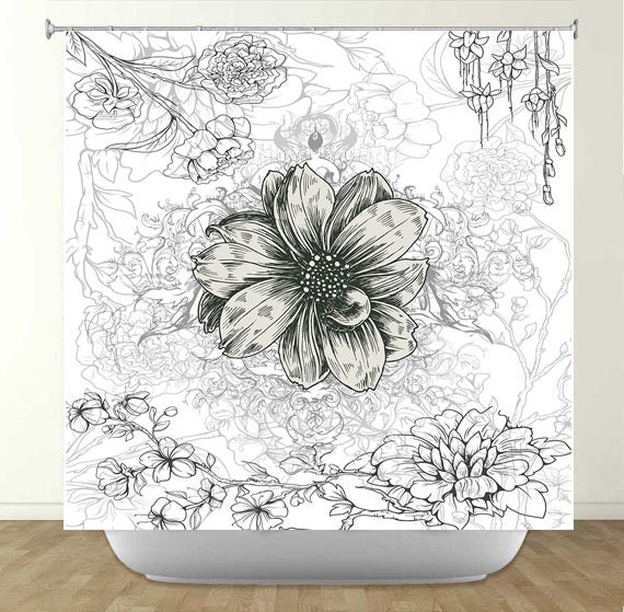 Vintage Black And White Flowers Shower Curtain Vintage Black And White Flowers Shower, Black And White Flower Shower Curtain