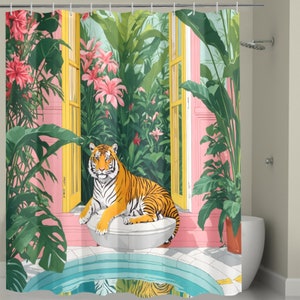 Tiger Shower Curtain Green Plants Pink Flowers French Doors Bathroom Decoration Gift for Mom Housewarming Gift Guest Room Summer Decor