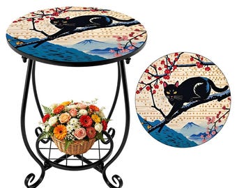 Asian Accent Black Cat Outdoor Bistro Iron Side Table, Round Metal Plant Stand, Patio Pool Side Furniture, Garden Decor
