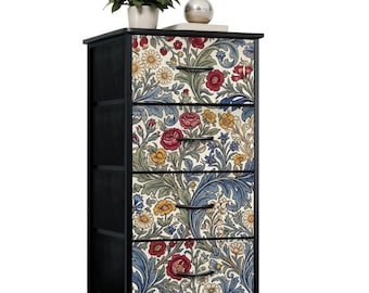 4-Drawer Dresser William Morris Style Blue Acanthus Red Roses Fabric Storage Portable Unit
