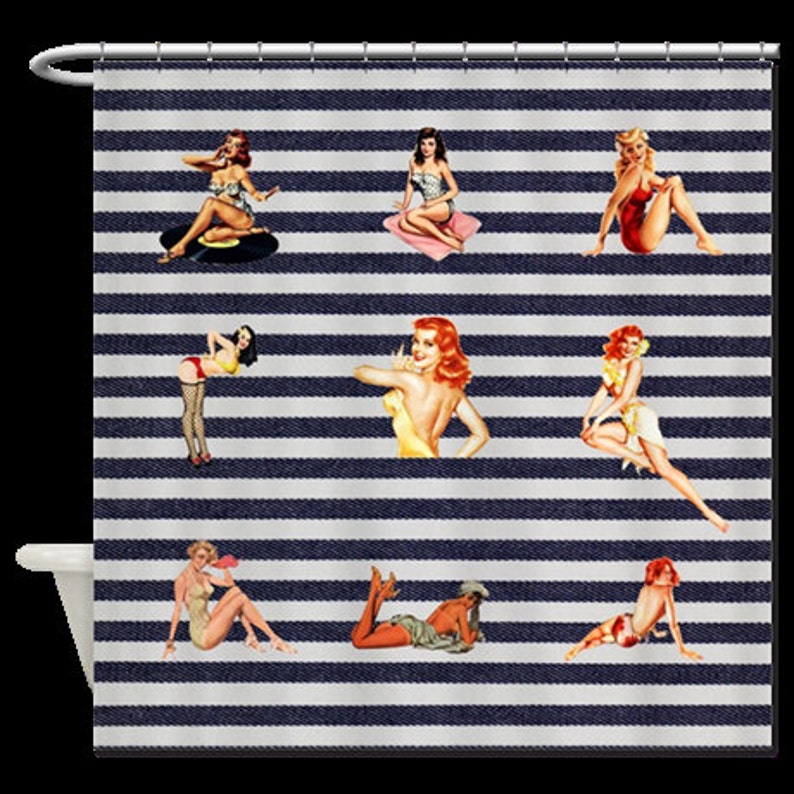 Vintage Pinup Girls Stripes Shower Curtain Image 0
