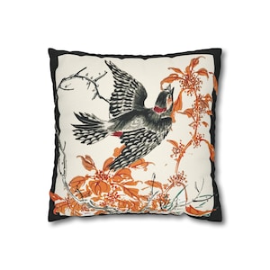 Chinoiserie Cushion Cover  Black Spotted Woodpecker Decorative Throw Pillow, Housewarming Gift, Birthday Gift,