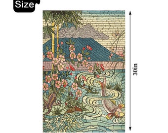 Japanese Stained Glass Scenery, Mt Fuji, Fish Pond, Frog Jigsaw Puzzel, 1000 Pieces, Family Fun, Boxed Gift, Holiday Gift, Art Puzzel