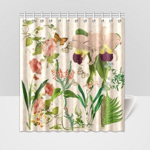 Botanical Shower Curtain Pink Purple Orchards Wet Room Decor Bell Flowers Collage New Home Gift For Mom Gardener Gift
