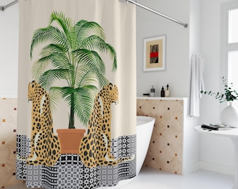 Leopards and Coconut Palm shower curtain | Boho Home Decor, Animal Art,  Bathroom Curtain Decoration