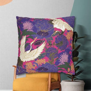 Hot Pink Japanese Cranes Throw Cushion Cover, Living Room Decor, Mother&#39;s Day Gift, Housewarming Gift for Wife, Hostess Gift, Wedding Gift