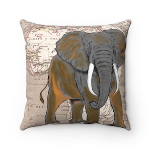 African Elephant Africa Map Wild Life Big Trunk Cushion Cover Pillow, Decorative Pillow