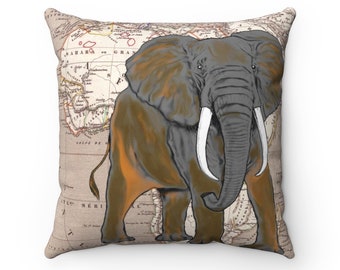 African Elephant Africa Map Wild Life Big Trunk Cushion Cover Pillow, Decorative Pillow