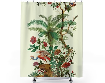 Chinoiserie Shower Curtain, Crown Bird, Palm Tree, Floral Bathroom Decoration, Housewarming Gift, New House Gift, Guest Bathroom Decoration