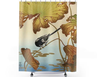 Chinese Bird Lotus Pond Shower Curtain, Floral Botanical Bathroom Decor, Oriental Home Decor, Asian Inspired Bath Curtain, Nature Lover Gift