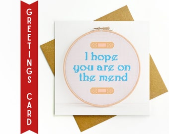 I hope you are on the mend, Get well soon, Greetings Card, Cross Stitch Inspired, Embroidery Hoop, ideal for someone that loves to sew.