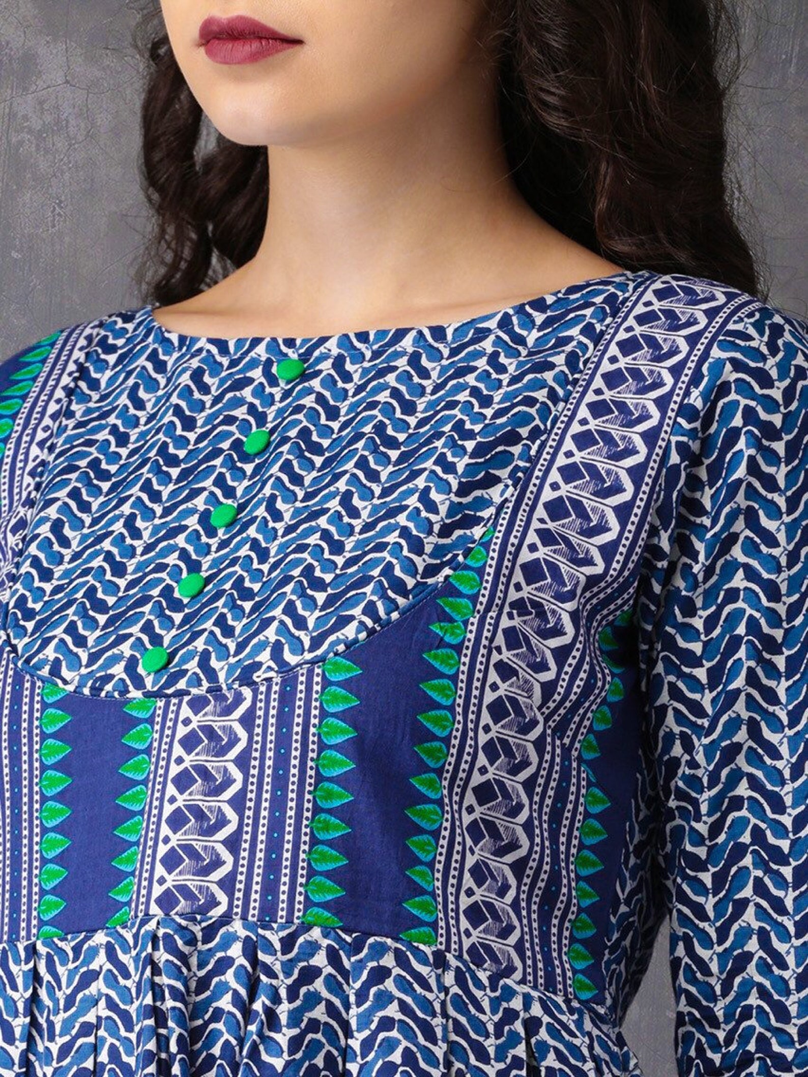 Tunique femme ethnique longue fluide coton, imprimé ikat, grande taille