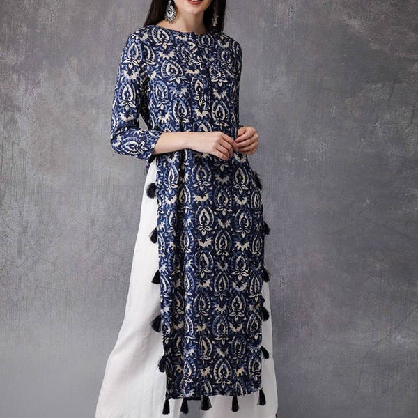 Cotton authentic Kurta/Kurta with Tassel Tunic/Long A line Dress/Batik Print/Bollywood/Handmade/Tassel/Bohemian/India/Summer