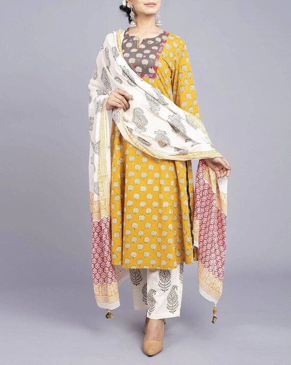 TheVeda Cotton Kurta with Matching Pant/ Palazzo/Tunic/Long Dress/Batik Print/Bollywood/Handmade/Tassel/Bohemian/Traditional/India/Summer/Textiles/