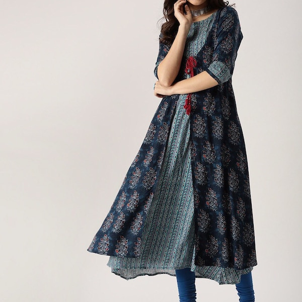 Long Dress/ Kurta with pant/Tunic/Long Dress Ethnic Jacket/Batik Print/Bollywood/Handmade/Tassel/Bohemian/Traditional/India/Summer/Textiles/