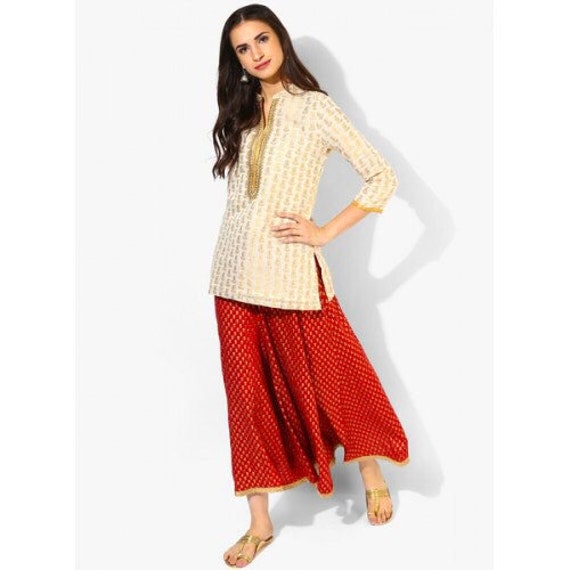 Red embroidered short kurta with printed palazzo pants set available only  at IBFW