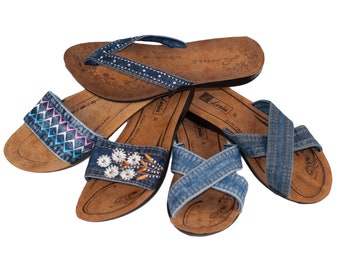 Denim Blue Rhinestones Fur Summer Slides Slippers
