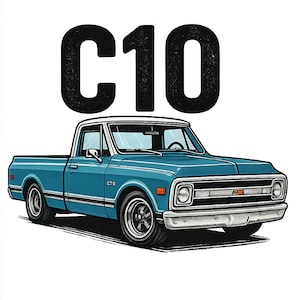 Puede incluir: Ilustración de una camioneta C10 azul clásica con techo blanco, ruedas negras y detalles cromados. El texto "C10" está encima de la camioneta. La imagen está sobre un fondo blanco.