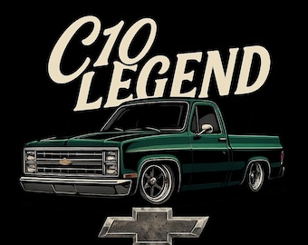 C10 LEGENDE Chevy PNG | Metallic Grün Square Body Vektor | Beunruhigt Chrom Fliege im klassischen LKW-Design