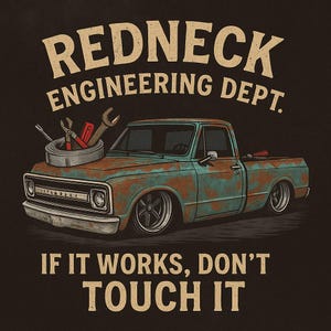 May include: Illustration of a vintage teal and rust-colored pickup truck with the text "REDNECK ENGINEERING DEPT." and "IF IT WORKS, DON'T TOUCH IT." Tools are placed on the truck's hood, suggesting a mechanic theme.