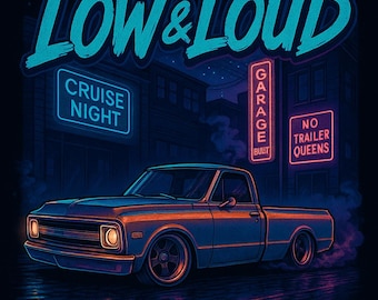 Slammed C10 Truck Print | Vintage Chevy, Neon Lights (Digital Download)