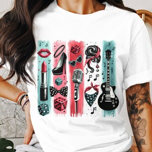 Rockabilly Retro Music PNG, Vintage Rock and Roll Digital Deisn, Guitar Microphone Sublimation Design, 50s Inspired, Pinup Culture, Red