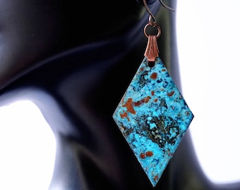 Copper Patina Earrings, statement earrings, geometric earrings, turquoise earrings, patina jewelry, copper jewelry, artisan earrings