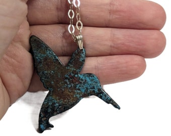 Blue Patina Hummingbird Necklace with Sterling silver