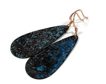 Copper and Blue Patina Antiqued Earrings, Dark Blue Patina, Tear Drop Earrings