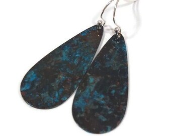 Patina Earrings, Turquoise Earrings, Blue Patina, Sterling Silver Copper Patina Earrings