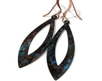 Copper Patina Earrings | Long Drop Earrings | Blue Patina Earrings