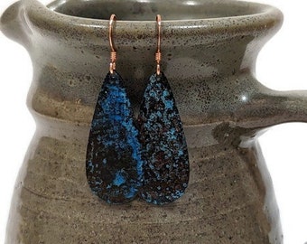 Copper Blue Patina Antiqued Earrings, Dark Blue Patina