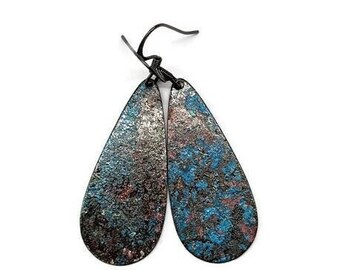 Blue Copper and Patina Earrings, Tear Drop Earrings, Copper Earring Gift