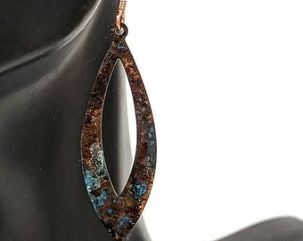 Copper Patina Earrings | Long Drop Earrings | Blue Patina Earrings