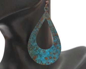 Copper and Patina Tear Drop Statement Earrings, Blue Patina Earrings, Large Hoop earrings